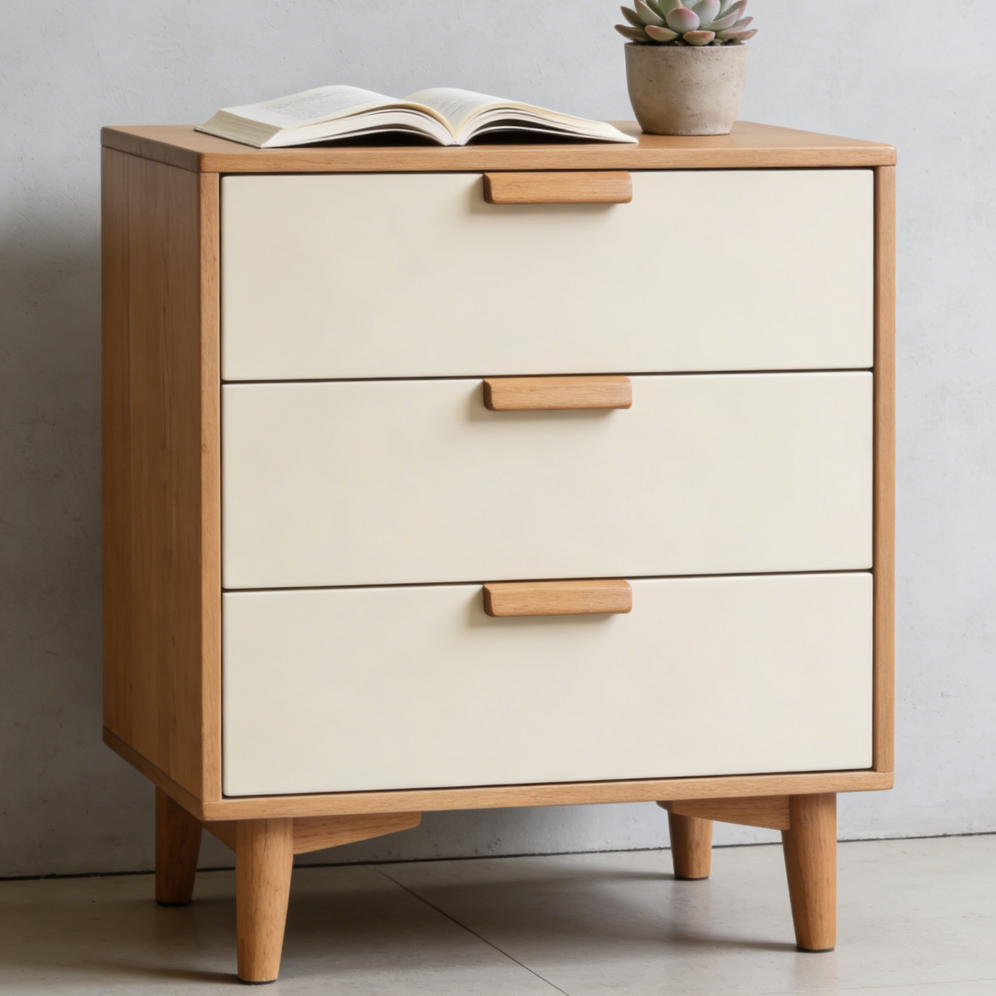 Oak & Cream 3-Drawer Nightstand - Modern Bedside Table with Wooden Handles