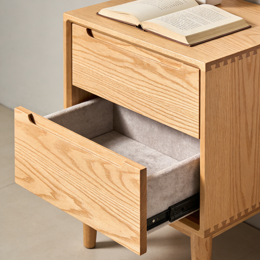Natural Oak 2-Drawer Nightstand - Mid-Century Bedside Table with Velvet Lined Drawers